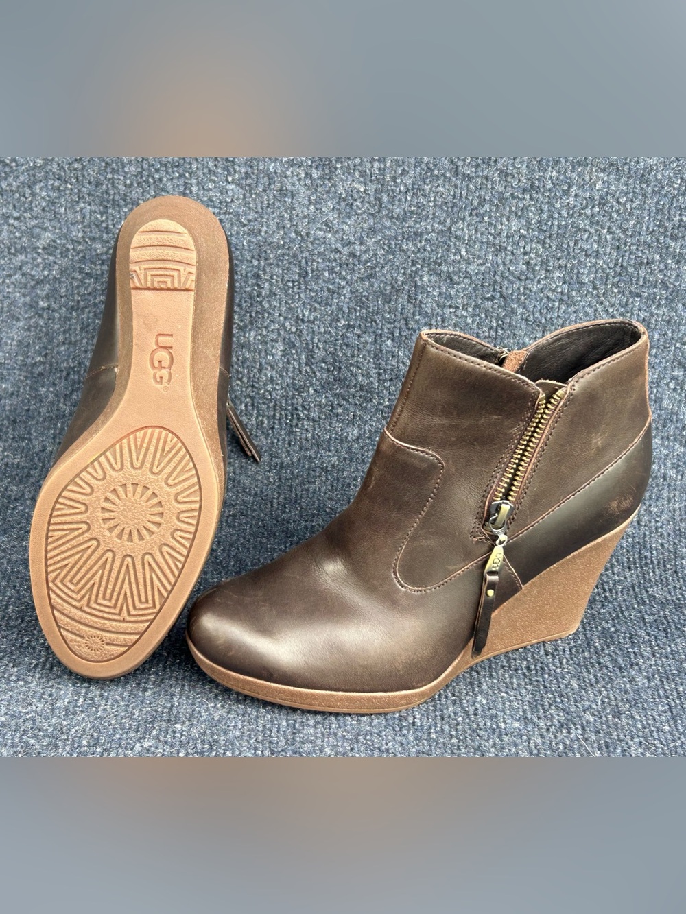 UGG Women's Meredith Leather Wedge Ankle Bootie Shearling Lining in Dark Brown 8